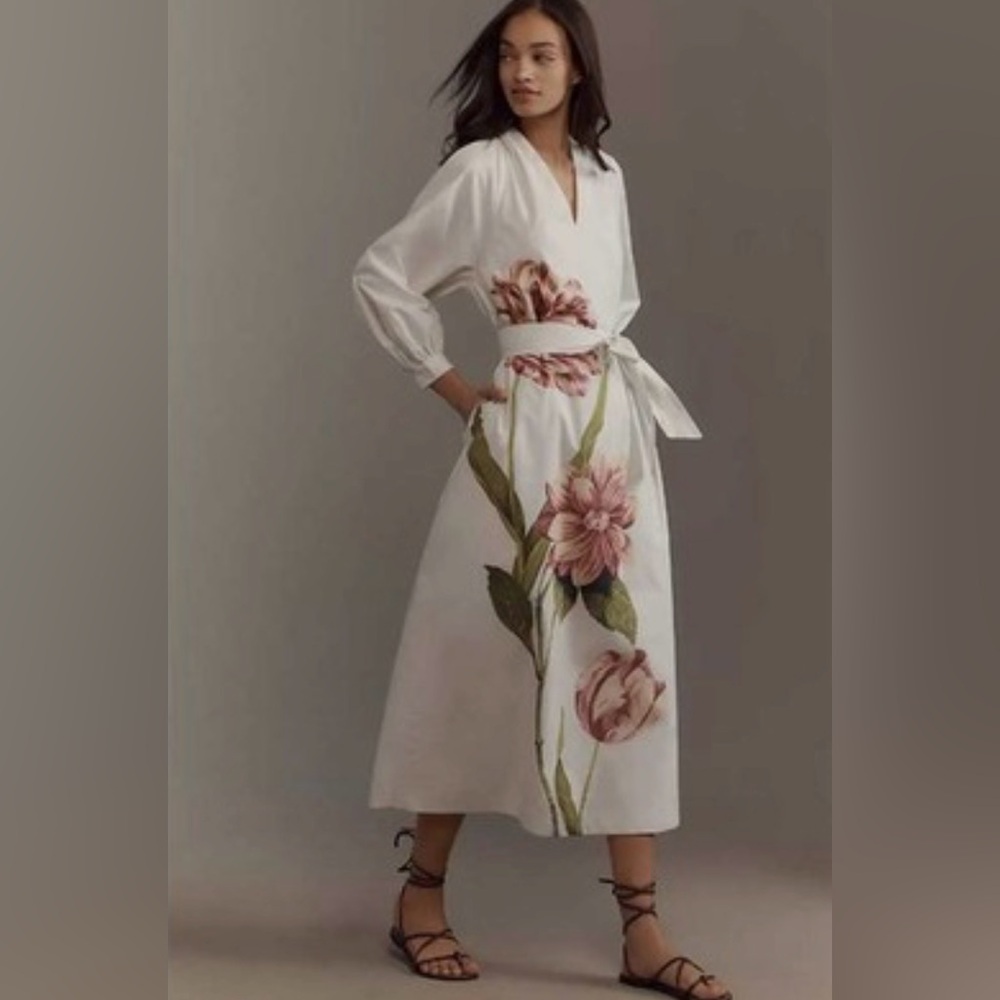 Anthropologie belted v neck midi dress